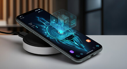  A futuristic smartphone glowing with a holographic interface in a modern workspace