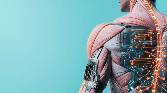 Human torso with muscles and circuitry integrated, showcasing bioengineering concepts.