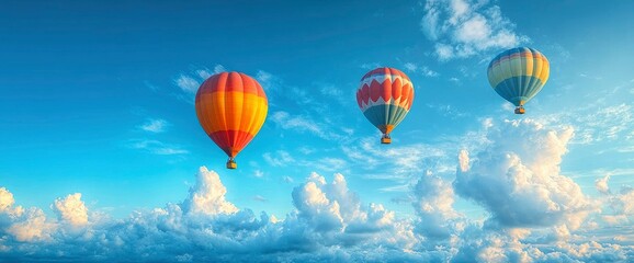 Fototapeta premium Three Colorful Hot Air Balloons Soaring Through a Sunny Sky with Fluffy Clouds