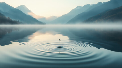 A cinematic stock photo of a calm lake surrounded by misty mountains, a single droplet hitting the surface and creating ripples, soft pastel colors dominating the scene