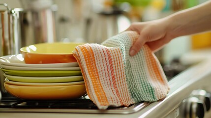 A cheerful person drying clean dishes with a colorful dish towel in a bright kitchen setting.