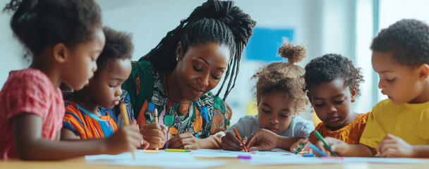 A group of parents and children gathered around an empty table in the classroom