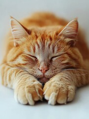 Naklejka premium A sleeping orange cat with paws stretched out, exuding calm and relaxation.