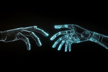 Naklejka premium A conceptual futuristic AI design, robotic and human hands touching, glowing digital lines and business technology symbols creating a modern atmosphere