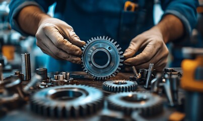 A mechanic inspecting a gear amidst various metal components on a workbench.