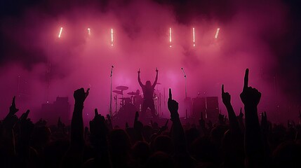 Energetic rock concert; silhouette of a drummer and cheering crowd in pink stage lighting.