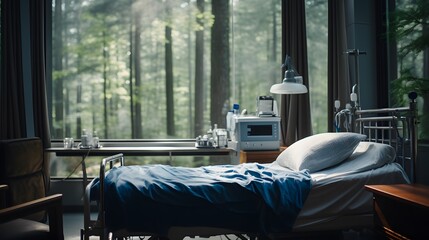 Healing Environment: Hospital Bed, IV Drip, and Sunlit Window Create a Peaceful Atmosphere.
