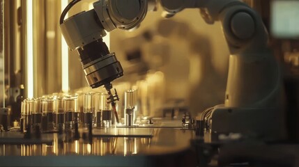 A robotic arm operates in a laboratory, handling glass vials amidst a backdrop of warm lighting and high-tech equipment.