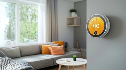 A modern living room featuring a sleek thermostat displaying a temperature reading, surrounded by comfortable furniture and natural light.