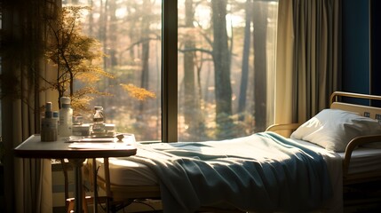 Calm Hospital Room: Bed with IV Drip, Patient Charts, and Natural Light Through the Window.
