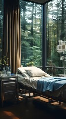 Calm Hospital Room: Bed with IV Drip, Patient Charts, and Natural Light Through the Window.
