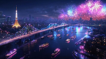 Night Cityscape Fireworks Display Over Illuminated Bridge and River