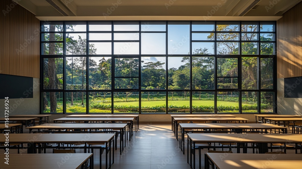 Poster modern classroom with large windows overlooking a lush green landscape.