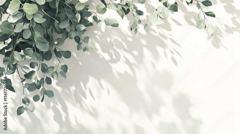 Poster lush green eucalyptus leaves and shadows cast on a white wall, creating a tranquil and natural backd