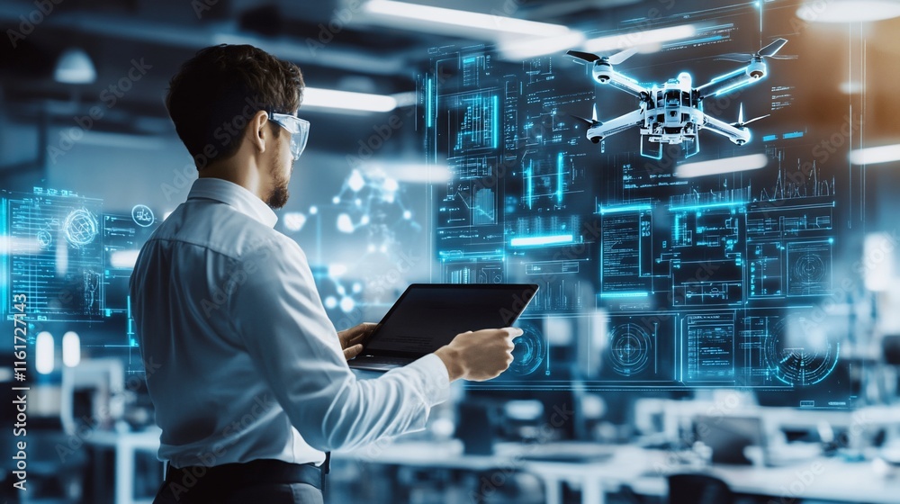 Poster Man in office using laptop, viewing drone schematics and data on holographic display.