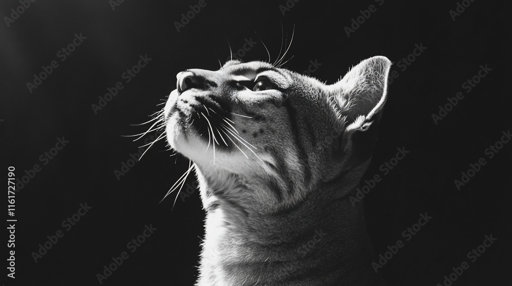 Poster black and white close-up portrait of a cat looking up, illuminated by a light source.