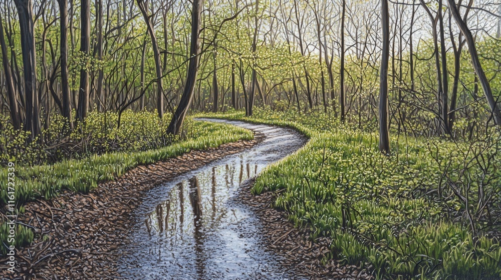 Poster serpentine path through lush spring woodland with puddles reflecting trees.