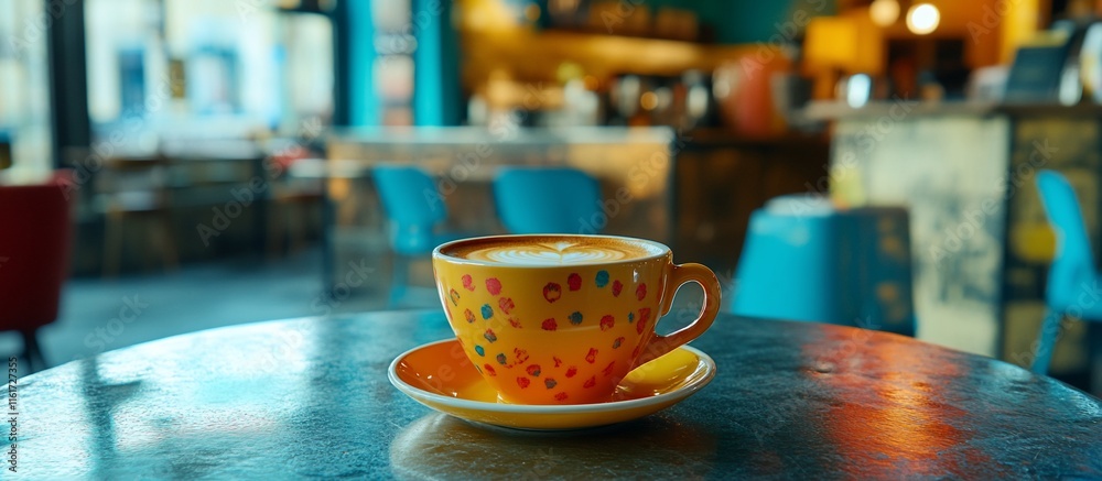 Poster a colorful cup of cappuccino sits on a table in a cafe.