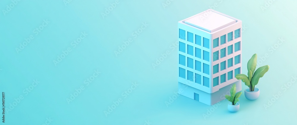 Poster Minimalist 3D render of a modern building with plants.