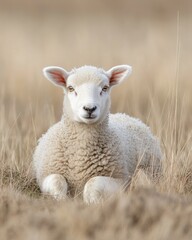 Obraz premium A young lamb resting in a grassy field, showcasing its fluffy coat and gentle expression.