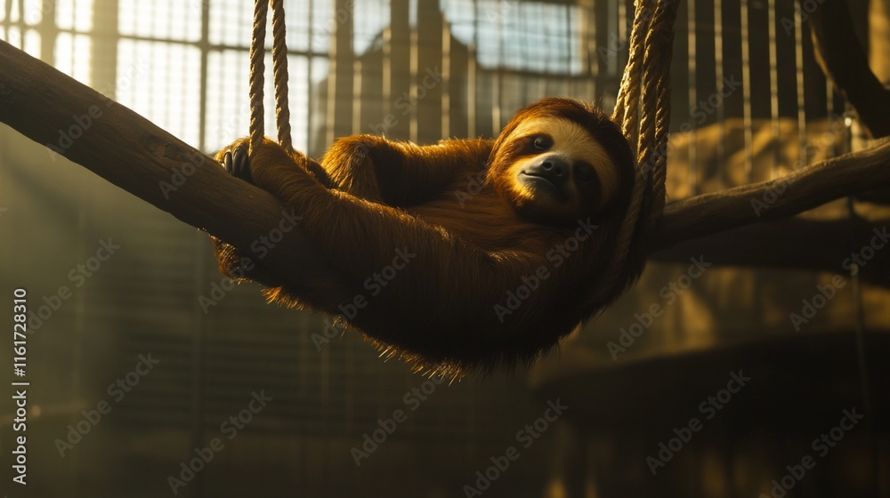Poster sloth relaxing on a rope swing in zoo enclosure, bathed in sunlight.