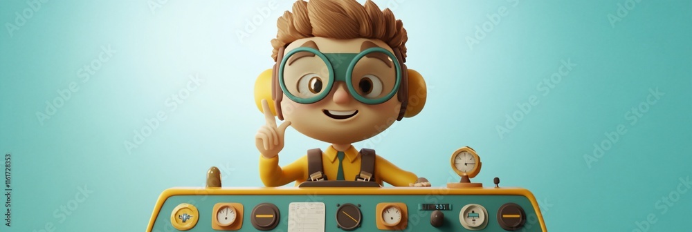 Poster cheerful cartoon boy operating a retro control panel, pointing an idea.