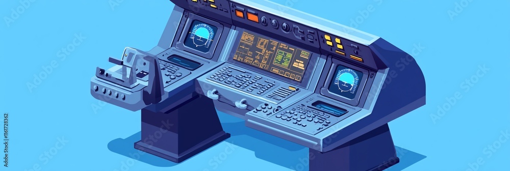 Aufkleber isometric view of a futuristic control panel with monitors, buttons, and levers.