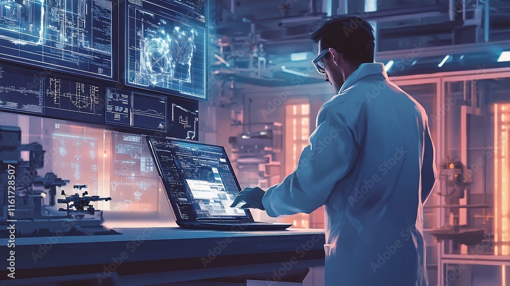 Aufkleber Scientist working on a laptop in a futuristic lab, analyzing data on multiple screens.