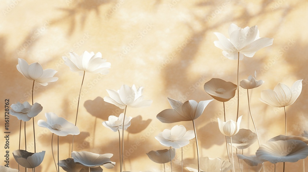 Poster soft light illuminates a field of delicate white and beige flowers against a warm, textured backgrou