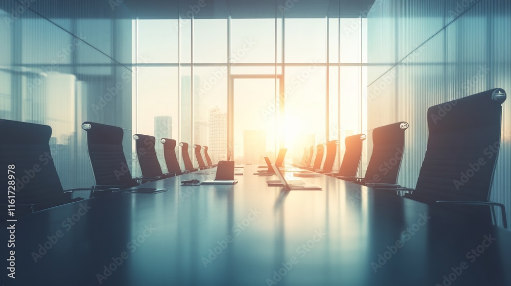 Aufkleber sunlit modern conference room with empty chairs and laptops on a large table overlooking a city skyl