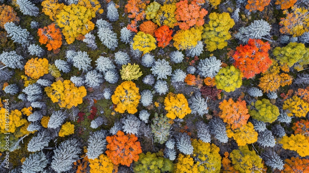 Poster aerial view of colorful autumn forest with diverse trees.