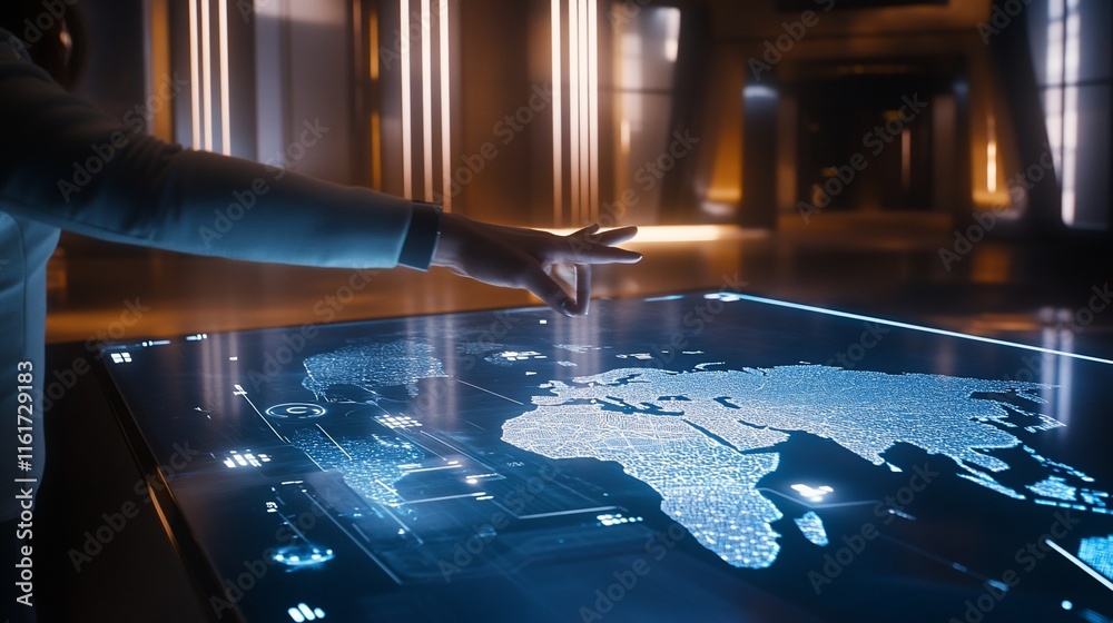 Poster Hand interacts with futuristic holographic world map on a large interactive touchscreen display.