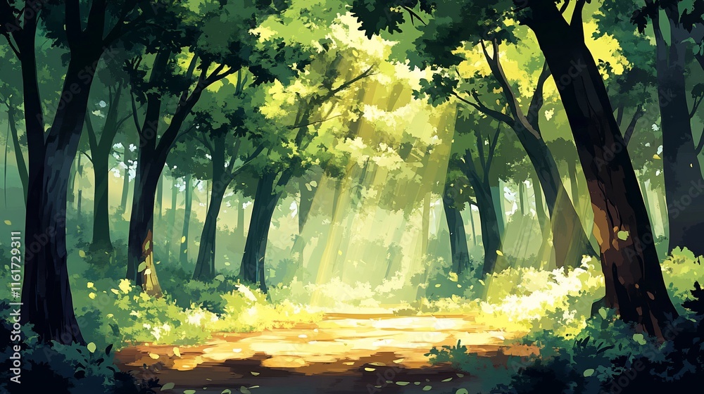 Poster Sunlit path through lush green forest with tall trees and dappled sunlight.