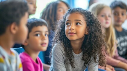 A classroom full of young students sitting attentively, listening to their teacher explain a new lesson.