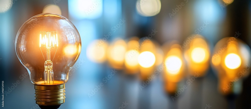 Poster glowing light bulb in focus with blurred background of similar bulbs.