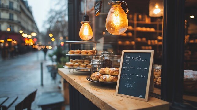 Parisian bakery window display at dusk, showcasing pastries and warm lighting.