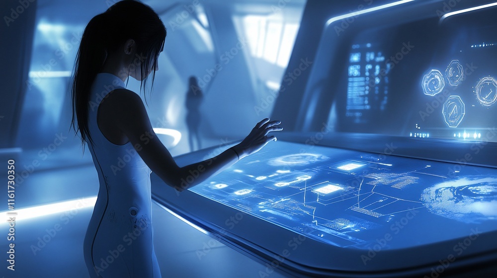 Poster woman using futuristic holographic interface in modern lab.