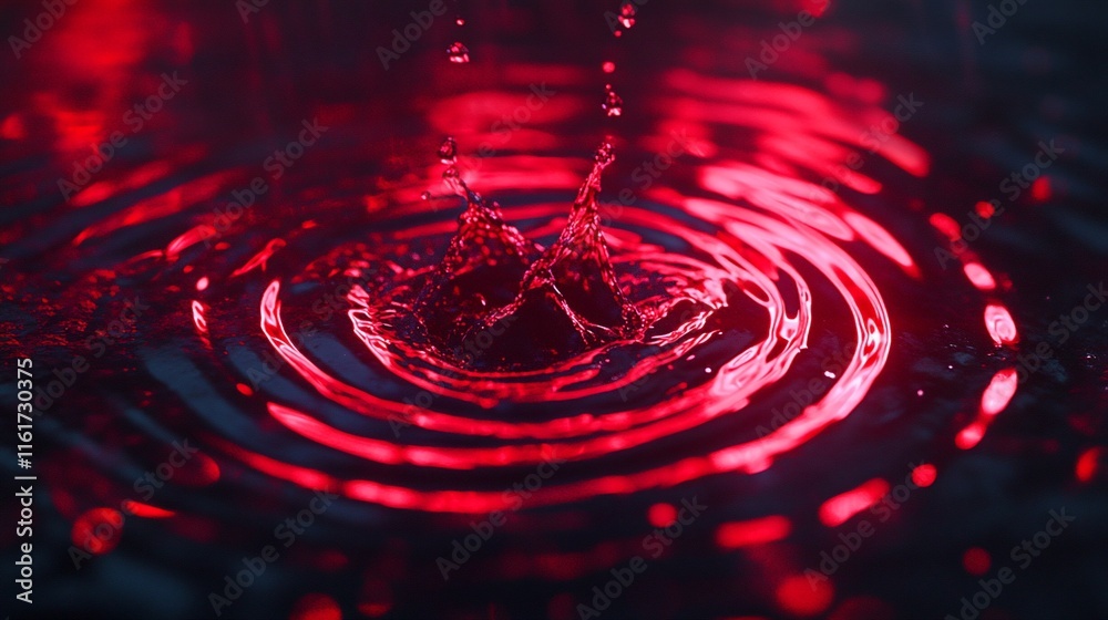 Poster Red liquid droplet splashing into dark water, creating concentric ripples and a crown splash.
