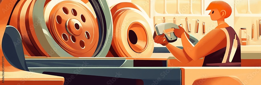 Poster worker inspecting large industrial wheels in a factory setting.