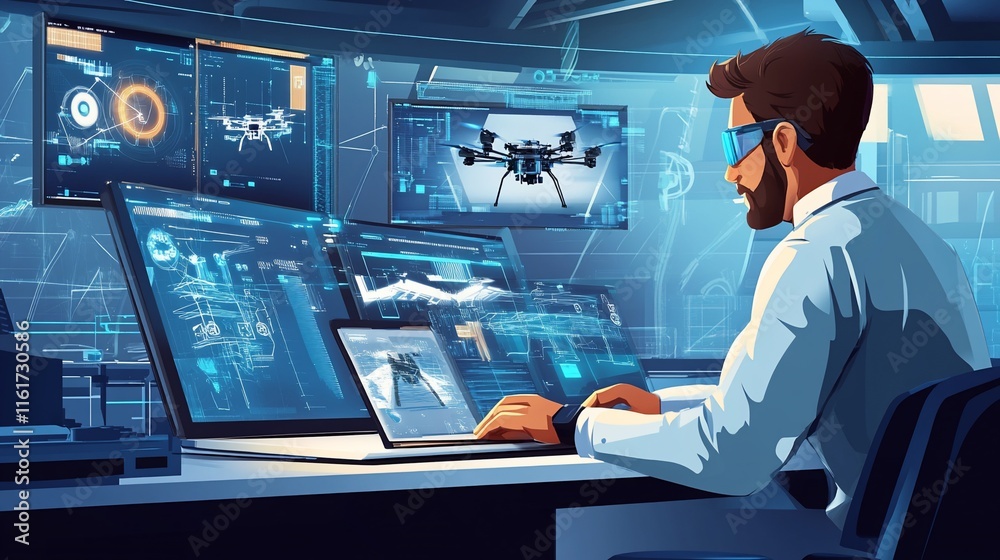 Poster Man in futuristic control room monitoring drone via multiple screens.