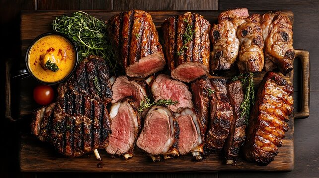 An assortment of grilled meats served on a wooden board.