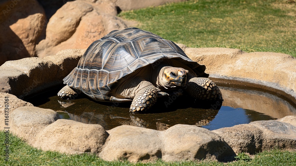 Poster large tortoise basking in a shallow pool of water, surrounded by rocks and grass.