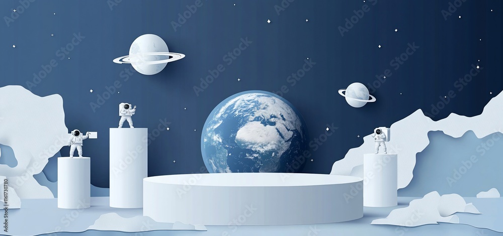 Aufkleber astronauts on platforms surrounding earth in space; paper art style.
