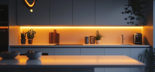A modern kitchen with ambient lighting and decorative plants.
