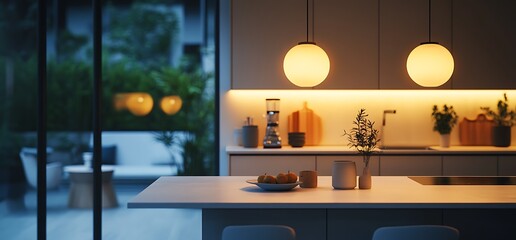 A modern kitchen illuminated at night with warm pendant lights and plants.