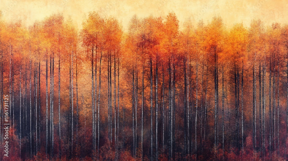 Poster vibrant autumn forest scene with colorful trees and misty atmosphere.