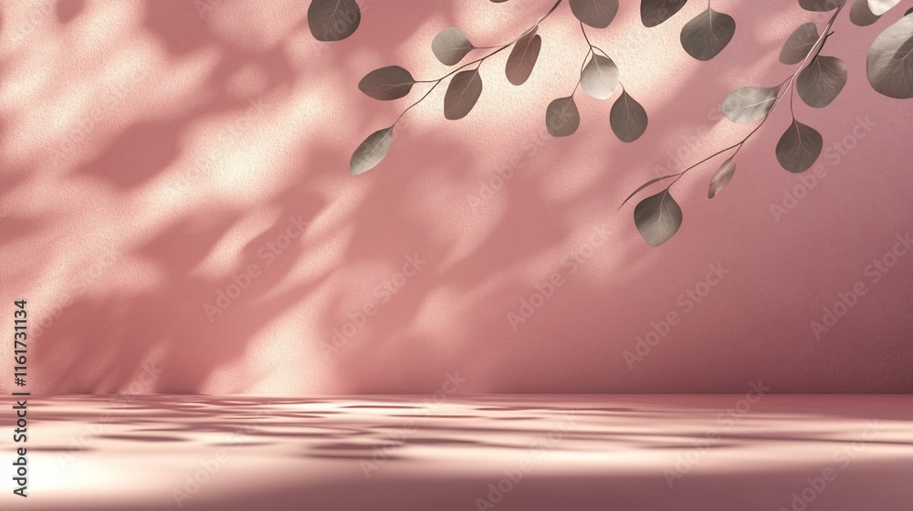 Aufkleber pink background with eucalyptus leaves casting shadows, creating a minimalist scene.