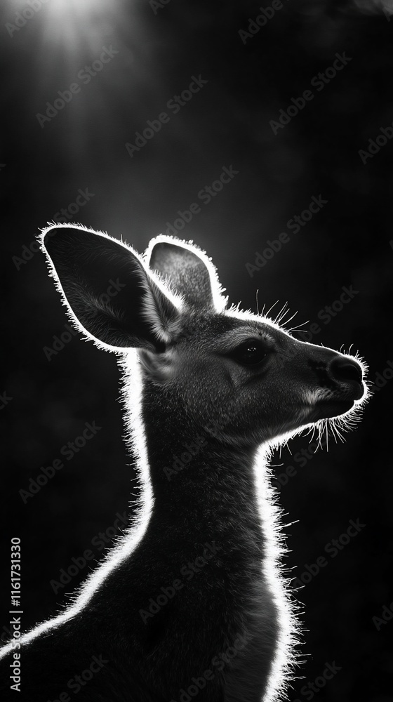 Poster black and white profile of a kangaroo illuminated by a bright light source.