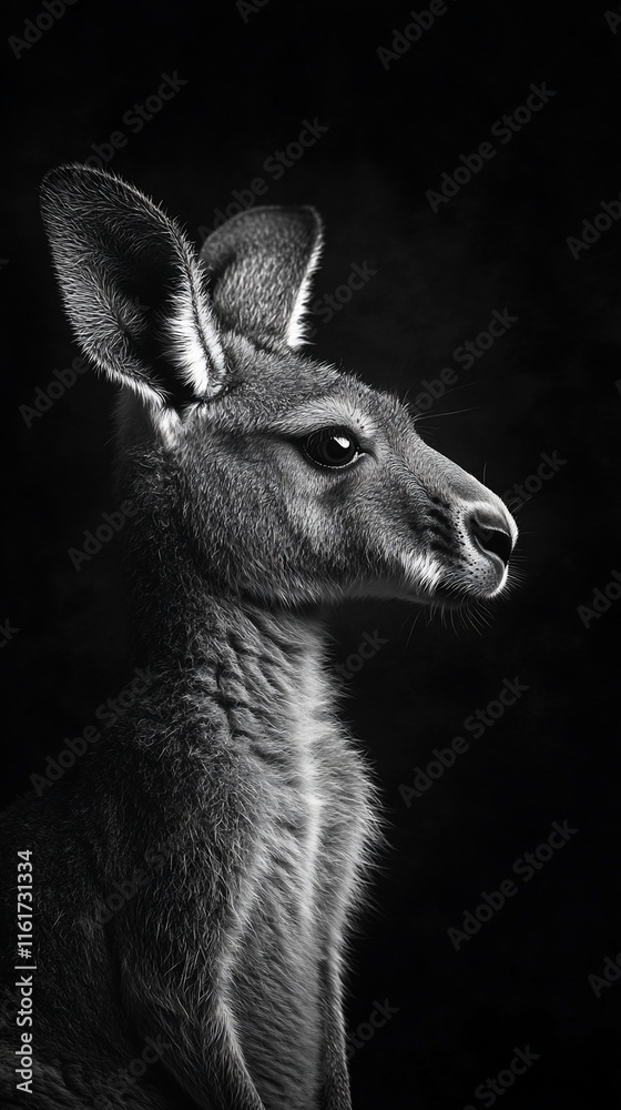 Poster close-up monochrome portrait of a kangaroo against a dark background.