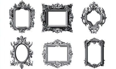 Six ornate silver picture frames isolated on white.